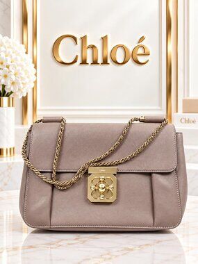 Authentic Chloe Elsie Taupe Leather Shoulder Bag Gold Chain Crossbody Purse